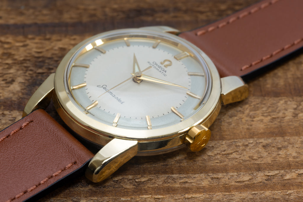 EXCEPTIONAL VINTAGE SERVICED OMEGA SEAMASTER AUTOMATIC BIG SEAHORSE LOGO GOLD CAP WATCH CAL.501 DATED 1958 TWO-TONE TUXEDO DIAL