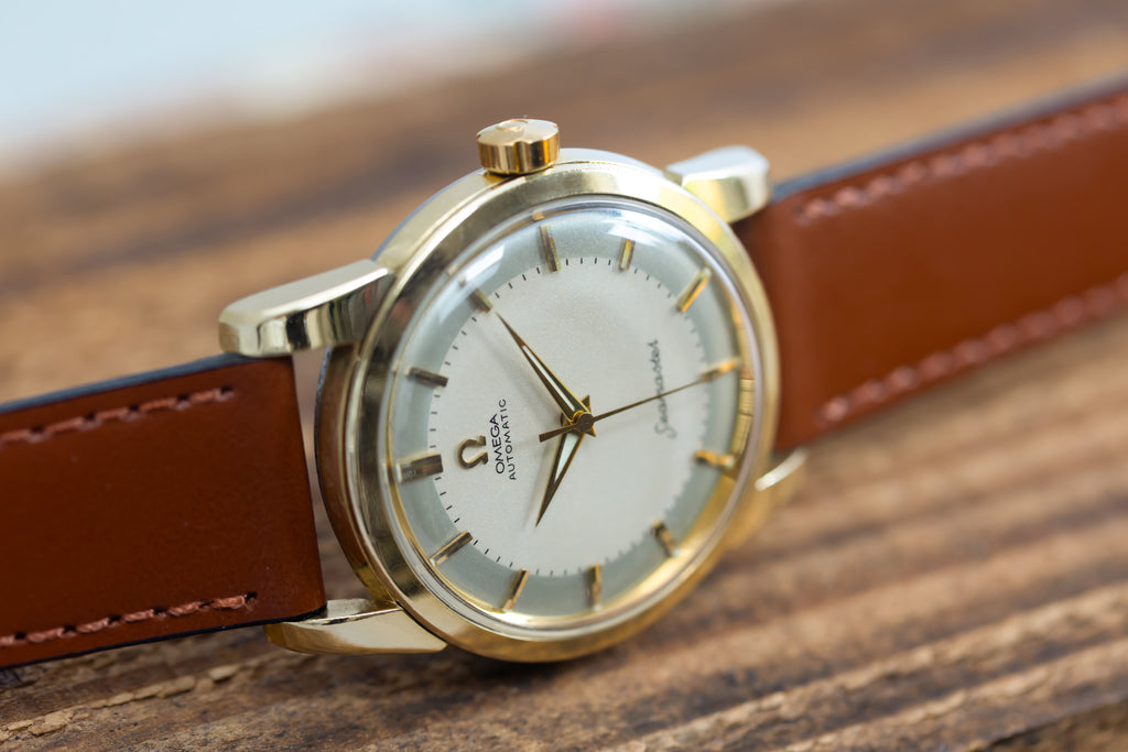 EXCEPTIONAL VINTAGE SERVICED OMEGA SEAMASTER AUTOMATIC BIG SEAHORSE LOGO GOLD CAP WATCH CAL.501 DATED 1958 TWO-TONE TUXEDO DIAL