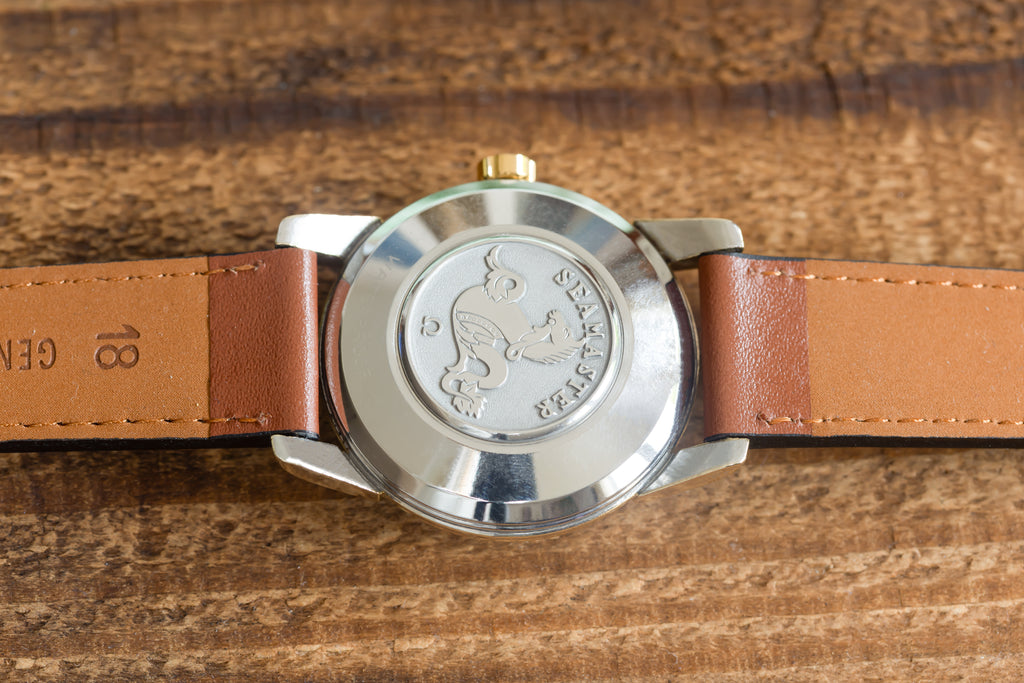 EXCEPTIONAL VINTAGE SERVICED OMEGA SEAMASTER AUTOMATIC BIG SEAHORSE LOGO GOLD CAP WATCH CAL.501 DATED 1958 TWO-TONE TUXEDO DIAL