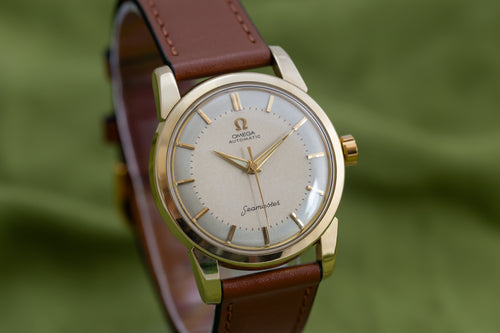 EXCEPTIONAL VINTAGE SERVICED OMEGA SEAMASTER AUTOMATIC BIG SEAHORSE LOGO GOLD CAP WATCH CAL.501 DATED 1958 TWO-TONE TUXEDO DIAL