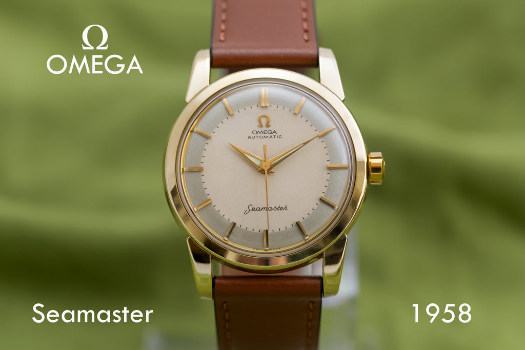 EXCEPTIONAL VINTAGE SERVICED OMEGA SEAMASTER AUTOMATIC BIG SEAHORSE LOGO GOLD CAP WATCH CAL.501 DATED 1958 TWO-TONE TUXEDO DIAL